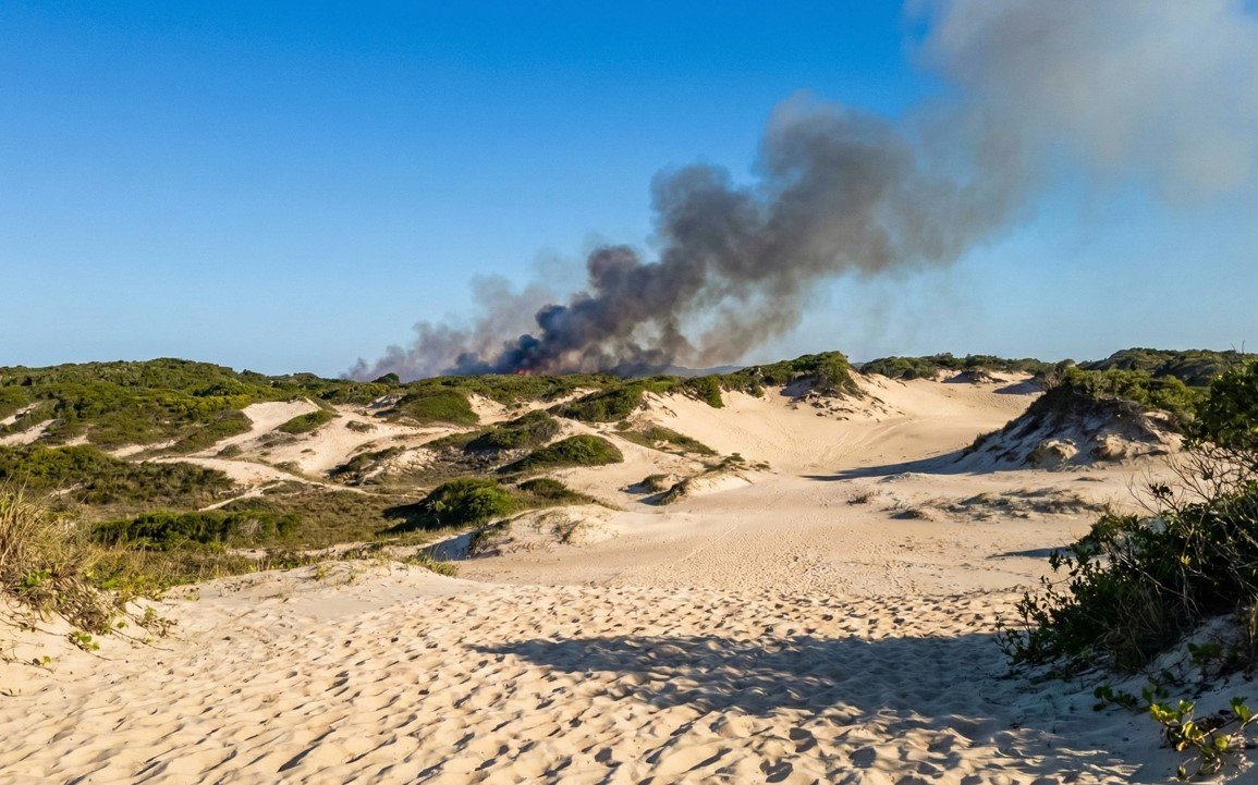 Helicóptero Arcanjo 3 pousado na areia da praia durante operação de combate a incêndio