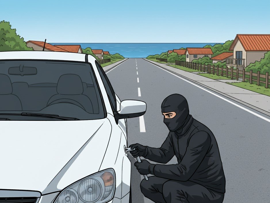 Mão de um ladrão tentando abrir um carro